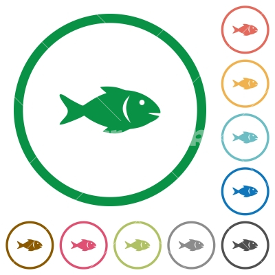 Fish flat icons with outlines - Fish flat color icons in round outlines on white background