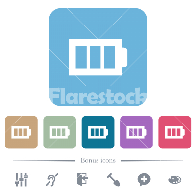 Full battery with three load units alternate flat icons on color rounded square backgrounds - Full battery with three load units alternate white flat icons on color rounded square backgrounds. 6 bonus icons included