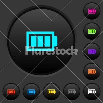 Full battery with three load units dark push buttons with color icons - Full battery with three load units dark push buttons with vivid color icons on dark grey background