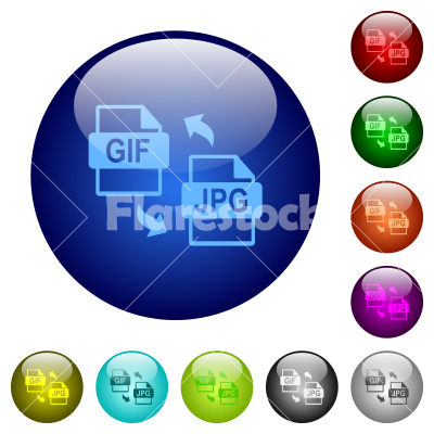 GIF JPG file conversion color glass buttons - GIF JPG file conversion icons on round glass buttons in multiple colors. Arranged layer structure