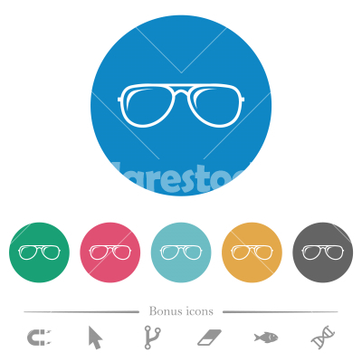 Glasses with glosses flat round icons - Glasses with glosses flat white icons on round color backgrounds. 6 bonus icons included.