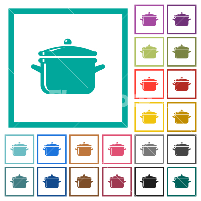 Glossy pot with lid flat color icons with quadrant frames - Glossy pot with lid flat color icons with quadrant frames on white background