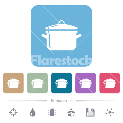 Glossy pot with lid flat icons on color rounded square backgrounds - Glossy pot with lid white flat icons on color rounded square backgrounds. 6 bonus icons included