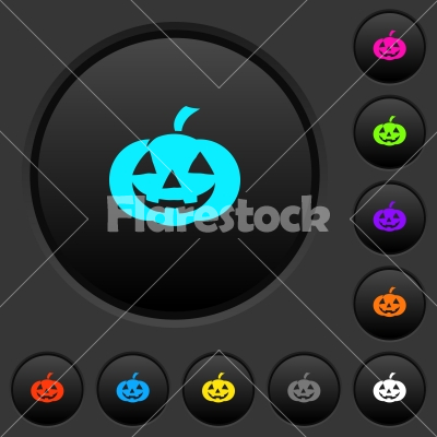 Halloween pumpkin dark push buttons with color icons - Halloween pumpkin dark push buttons with vivid color icons on dark grey background