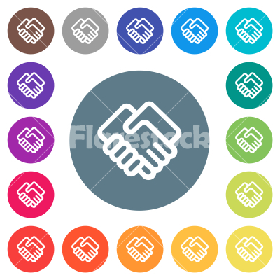 Handshake outline flat white icons on round color backgrounds - Handshake outline flat white icons on round color backgrounds. 17 background color variations are included.