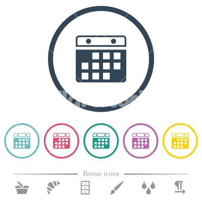 Hanging calendar alternate version flat color icons in round outlines - Hanging calendar alternate version flat color icons in round outlines. 6 bonus icons included.