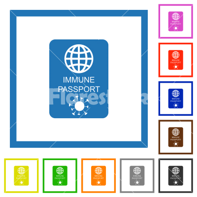 Immune passport flat framed icons - Immune passport flat color icons in square frames on white background