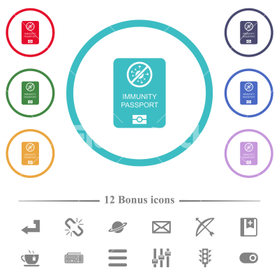 Immunity passport flat color icons in circle shape outlines - Immunity passport flat color icons in circle shape outlines. 12 bonus icons included.