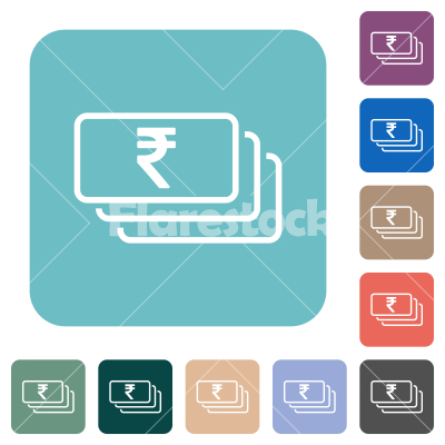 Indian Rupee banknotes outline rounded square flat icons - Indian Rupee banknotes outline white flat icons on color rounded square backgrounds