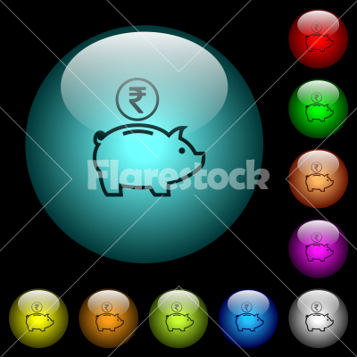 Indian Rupee piggy bank icons in color illuminated glass buttons - Indian Rupee piggy bank icons in color illuminated spherical glass buttons on black background. Can be used to black or dark templates