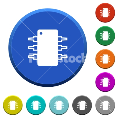 Integrated circuit beveled buttons - Integrated circuit round color beveled buttons with smooth surfaces and flat white icons