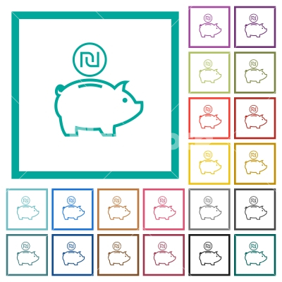 Israeli new Shekel piggy bank flat color icons with quadrant frames - Israeli new Shekel piggy bank flat color icons with quadrant frames on white background