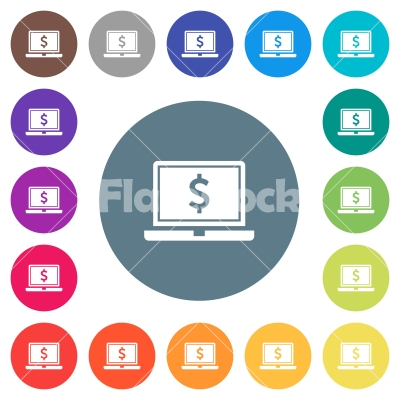 Laptop with Dollar sign flat white icons on round color backgrounds - Laptop with Dollar sign flat white icons on round color backgrounds. 17 background color variations are included.