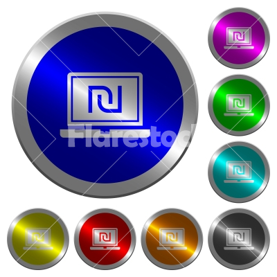 Laptop with new Shekel sign luminous coin-like round color buttons - Laptop with new Shekel sign icons on round luminous coin-like color steel buttons