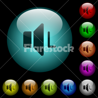 Left audio channel icons in color illuminated glass buttons - Left audio channel icons in color illuminated spherical glass buttons on black background. Can be used to black or dark templates