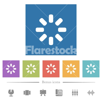 Loader symbol flat white icons in square backgrounds - Loader symbol flat white icons in square backgrounds. 6 bonus icons included. - Free stock vector