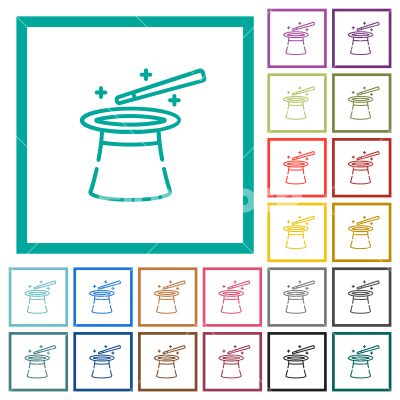 Magic hat and wand outline flat color icons with quadrant frames - Magic hat and wand outline flat color icons with quadrant frames on white background