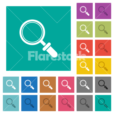 Magnifier square flat multi colored icons - Magnifier multi colored flat icons on plain square backgrounds. Included white and darker icon variations for hover or active effects.