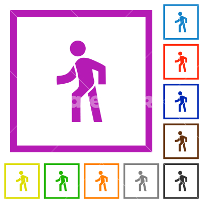 Man walking left flat framed icons - Man walking left flat color icons in square frames on white background