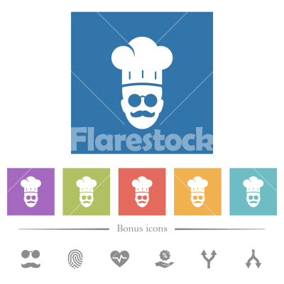 master chef with glasses and mustache flat white icons in square backgrounds - master chef with glasses and mustache flat white icons in square backgrounds. 6 bonus icons included.