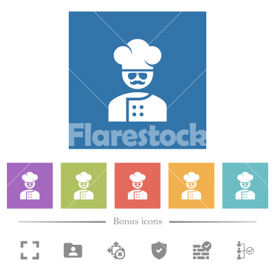 master chef with glasses and mustache flat white icons in square backgrounds - master chef with glasses and mustache flat white icons in square backgrounds. 6 bonus icons included.