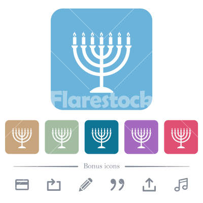 Menorah with burning candles solid flat icons on color rounded square backgrounds - Menorah with burning candles solid white flat icons on color rounded square backgrounds. 6 bonus icons included