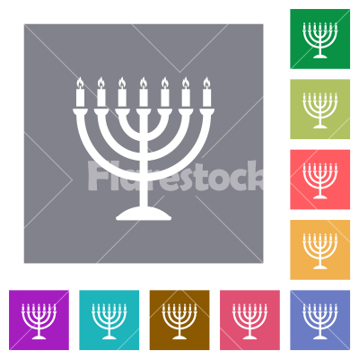 Menorah with burning candles solid square flat icons - Menorah with burning candles solid flat icons on simple color square backgrounds