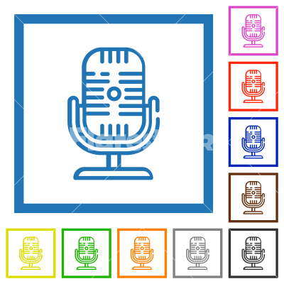 Microphone on stand outline flat framed icons - Microphone on stand outline flat color icons in square frames on white background