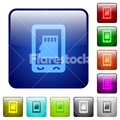 Mobile memory card color square buttons - Mobile memory card icons in rounded square color glossy button set