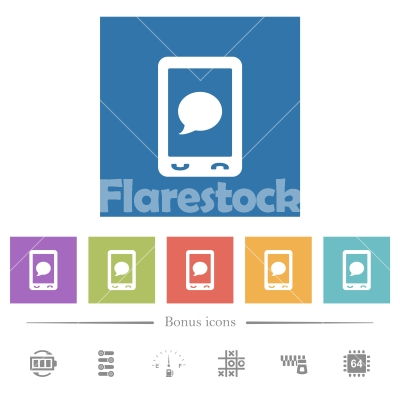 Mobile sms message flat white icons in square backgrounds - Mobile sms message flat white icons in square backgrounds. 6 bonus icons included. - Free stock vector