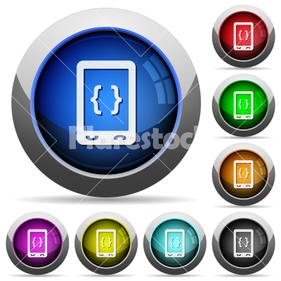 Mobile software development round glossy buttons - Mobile software development icons in round glossy buttons with steel frames