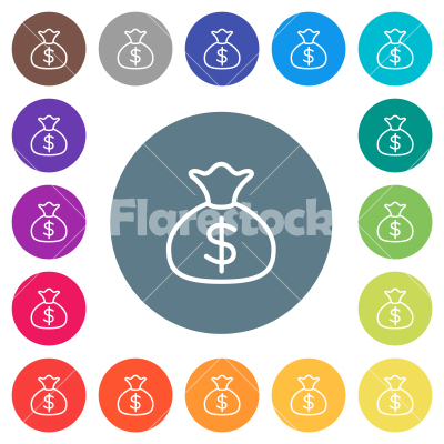 Money bag dollar outline flat white icons on round color backgrounds - Money bag dollar outline flat white icons on round color backgrounds. 17 background color variations are included.