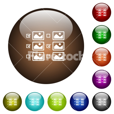 Multiple image selection with checkboxes color glass buttons - Multiple image selection with checkboxes white icons on round color glass buttons - Free stock vector