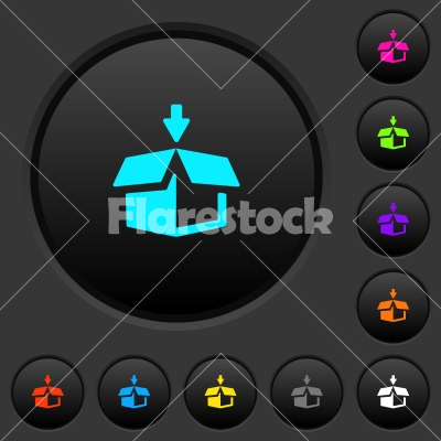 Pack to box dark push buttons with color icons - Pack to box dark push buttons with vivid color icons on dark grey background