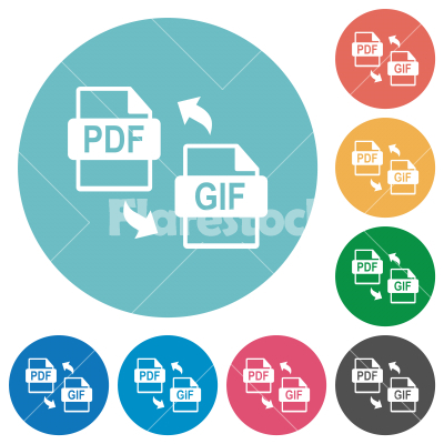 PDF GIF file conversion flat round icons - PDF GIF file conversion flat white icons on round color backgrounds