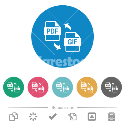 PDF GIF file conversion flat round icons - PDF GIF file conversion flat white icons on round color backgrounds. 6 bonus icons included.