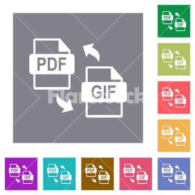 PDF GIF file conversion square flat icons - PDF GIF file conversion flat icons on simple color square backgrounds