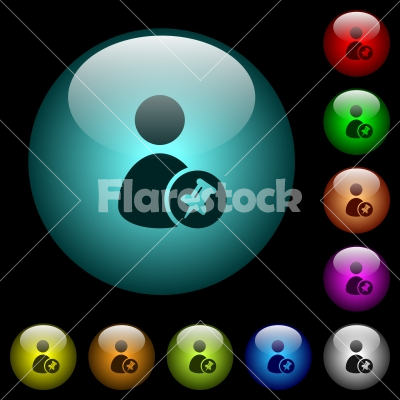 Pin user account icons in color illuminated glass buttons - Pin user account icons in color illuminated spherical glass buttons on black background. Can be used to black or dark templates