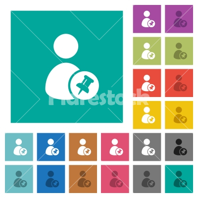 Pin user account square flat multi colored icons - Pin user account multi colored flat icons on plain square backgrounds. Included white and darker icon variations for hover or active effects.