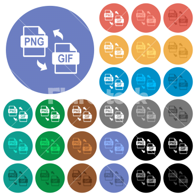 PNG GIF file conversion round flat multi colored icons - PNG GIF file conversion multi colored flat icons on round backgrounds. Included white, light and dark icon variations for hover and active status effects, and bonus shades.