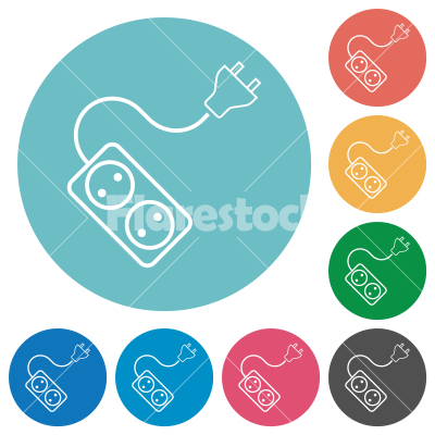 Portable electrical outlet with two sockets and extension cord and plug outline flat round icons - Portable electrical outlet with two sockets and extension cord and plug outline flat white icons on round color backgrounds