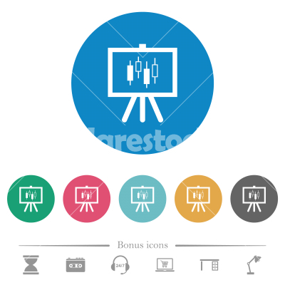 Presentation table with candlestick chart flat round icons - Presentation table with candlestick chart flat white icons on round color backgrounds. 6 bonus icons included.