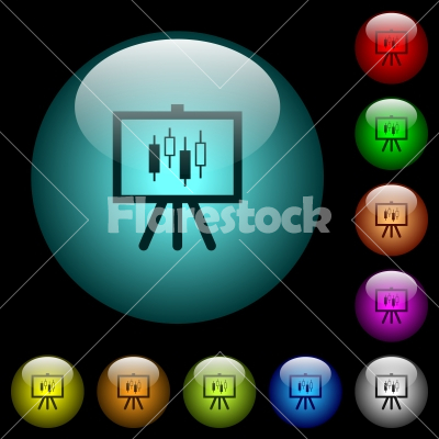 Presentation table with candlestick chart icons in color illuminated glass buttons - Presentation table with candlestick chart icons in color illuminated spherical glass buttons on black background. Can be used to black or dark templates