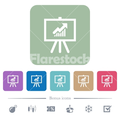 Presentation table with rising graph flat icons on color rounded square backgrounds - Presentation table with rising graph white flat icons on color rounded square backgrounds. 6 bonus icons included