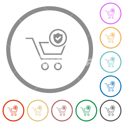 Protected shopping flat icons with outlines - Protected shopping flat color icons in round outlines on white background