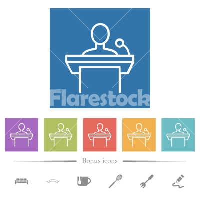 Public speaking outline flat white icons in square backgrounds - Public speaking outline flat white icons in square backgrounds. 6 bonus icons included.