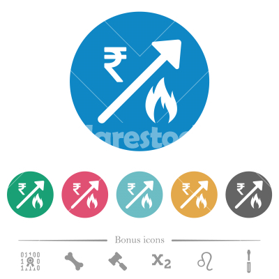 Rising gas energy Indian Rupee prices flat round icons - Rising gas energy Indian Rupee prices flat white icons on round color backgrounds. 6 bonus icons included.