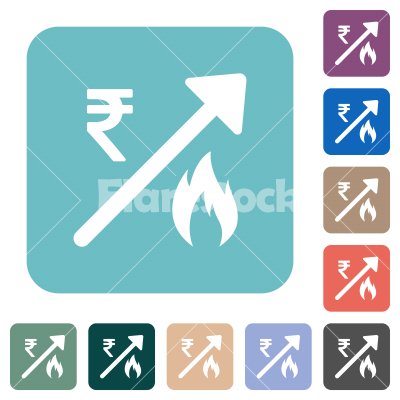 Rising gas energy Indian Rupee prices rounded square flat icons - Rising gas energy Indian Rupee prices white flat icons on color rounded square backgrounds