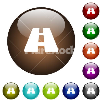 Road color glass buttons - Road white icons on round color glass buttons