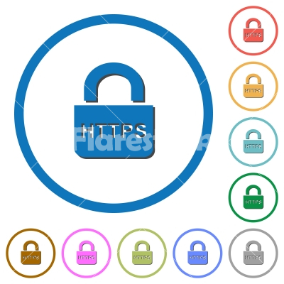 Secure https protocol icons with shadows and outlines - Secure https protocol flat color vector icons with shadows in round outlines on white background